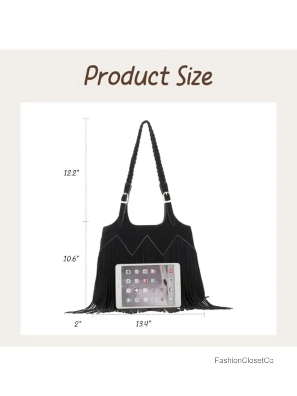Vegan Faux Suede Leather Fringe Hobo Shoulder Bag with Woven Pattern Tassel